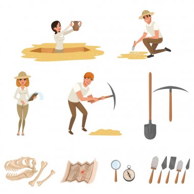 Cartoon flat icons set with tools for archaeological excavations, dinosaur skeleton, and people-archaeologists in working process. Archeology vector symbols clipart
