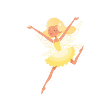 Güzel sarışın peri eylem ile eller yukarı. Parlak sarı elbise giyen kız. Sihirli kanatlı efsanevi yaratık. Masal karakteri. Çizgi film düz vektör tasarımı