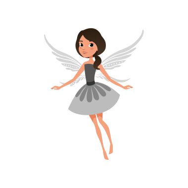 Peri eylem uçan büyük parlak gözlü. Sevimli kız fantezi elbise giymiş. Sihirli kanatlı efsanevi yaratık. Fairytale karakter. Çizgi film düz vektör tasarımı