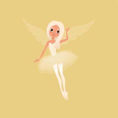 Büyük parlak gözleri ve sihirli kanatlar ile güzel sarışın kız. Peri güzel tutu elbise giyiyor. Eylem uçan hayali fairytale karakter. Çizgi film düz vektör tasarımı