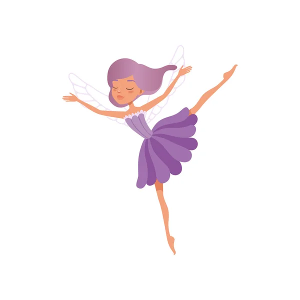 Peri cantik dengan gaun ungu yang indah. Gadis kecil dengan sayap ajaib dalam aksi terbang. Karakter dongeng imajiner. Makhluk mitis. Desain vektor datar kartun - Stok Vektor