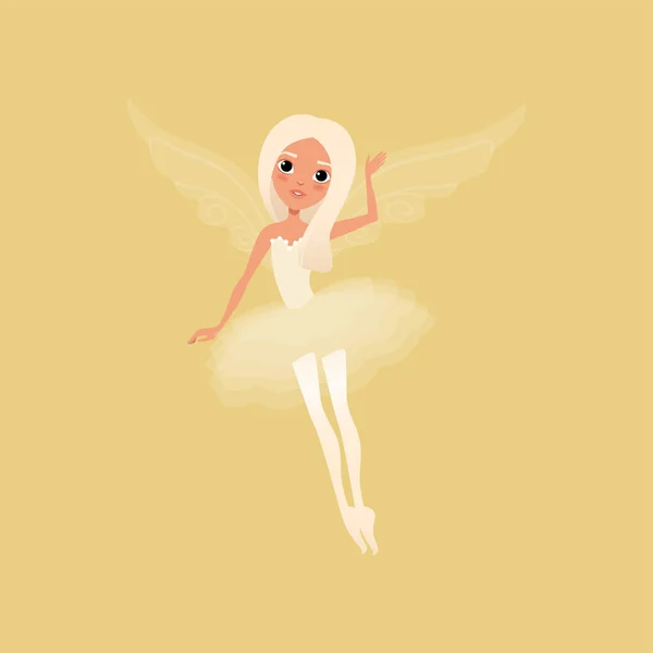 Lovely blond girl with big shiny eyes and magic wings. Fairy wearing beautiful tutu dress. Imaginary fairytale character in flying action. Cartoon flat vector design — Stock Vector