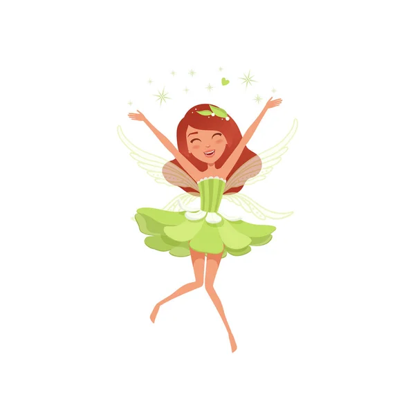 Magische fee in mooie groene jurk. Gelukkig meisje pixie dust verspreiden. Denkbeeldige fairytale karakter met kleine vleugels. Mythisch wezen. Cartoon platte vector design — Stockvector