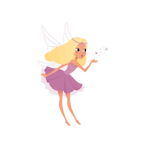Fee met lang blond haar magische stof verspreiden. Pixie meisje in mooie paarse jurk met vleugels. Mythische diertje. Denkbeeldige fairytale karakter. Platte vector — Stockvector
