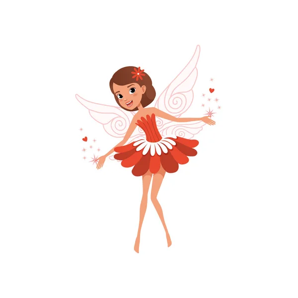 Gelukkig vliegende fee verspreiding van magische stof. Cartoon bruinharige meisje dragen mooie rode bloem vormige jurk. Fantasie fairytale karakter. Kleurrijke platte vector design — Stockvector