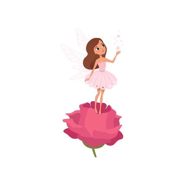 Fée de bande dessinée debout sur rose et répandant de la poussière magique. Petite pixie aux cheveux bruns en jolie robe rose. Un personnage de conte de fées avec des ailes. Conception vectorielle plate — Image vectorielle