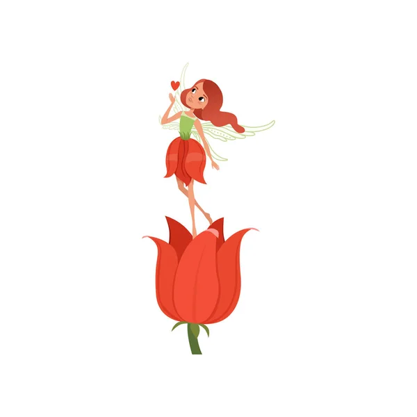 Bella fata con piccole ali magiche che aleggiano sul bellissimo tulipano rosso. Ragazza che indossa un vestito a forma di fiore fantasia. Un personaggio fiabesco. disegno vettoriale piatto cartone animato — Vettoriale Stock
