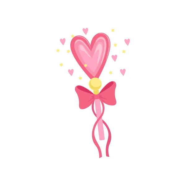 Cartoon illustration of wonderful fairy wand with pink heart and bow with ribbons. Stick with magical power spreading love. Colorful flat vector design — Stock Vector
