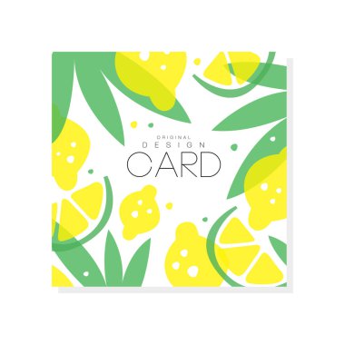Sulu limon, limon ve yeşil yaprakları ile soyut meyve kartı. Yaz poster. Tatlı yiyecek. Çiftçi pazar veya bakkal için yaratıcı vektör tasarımı