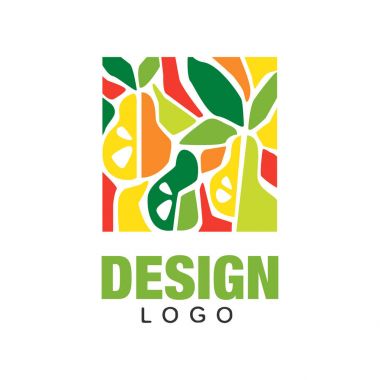 Soyut logo tasarım şablonu düz stil içinde meyve ile. Doğal gıda kavramı. Renkli vektör amblemi organik Dükkanı, suyu ambalaj veya posteri