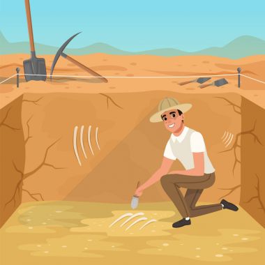 Man sitting in square pit and sweeping dirt from skeleton s bones. Excavations of ancient burial. Archaeological tools. Sky and desert on background. Flat vector design clipart