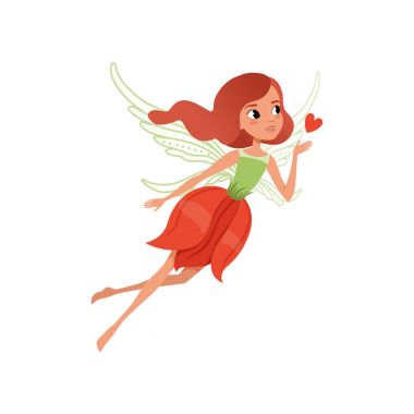 Kızıl saçlı ve çiçek karikatür peri elbise şeklinde. Sihirli kanatlı güzel efsanevi yaratık. Eylem uçan kız. Düz vektör çocuk s kitabı, yazdırma veya -oyun kağıdı için