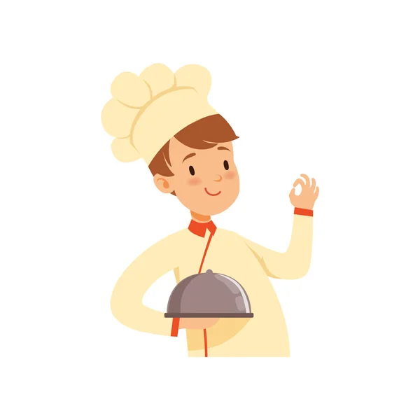 Chef cocinero personaje con cloche, niño en el traje de vector cocinero Ilustración — Vector de stock