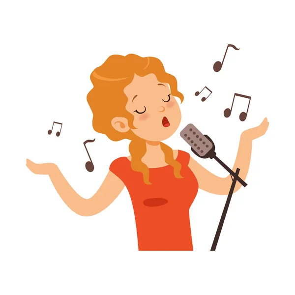 Dívčí zpěv s mikrofonem, zpěvák charakter kreslené vektorové ilustrace — Stockový vektor