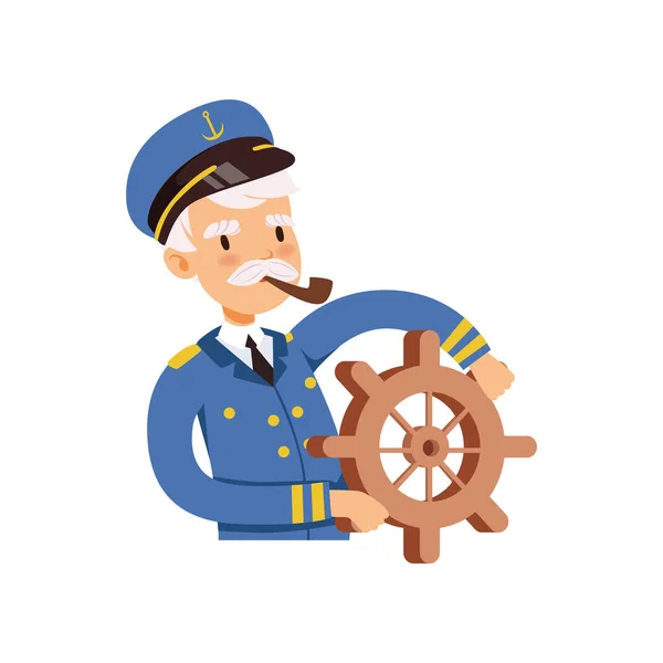 Capitán personaje detrás del volante, marinero en azul uniforme fumar tubo vector Ilustración — Vector de stock