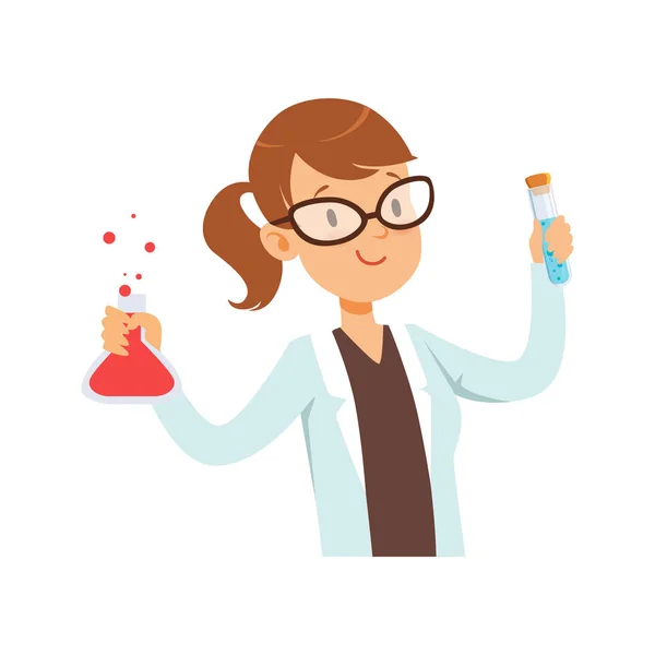 Девушка-химик, женщина-ученый в белом халате, держащая тест вектор фляжки Иллюстрация — стоковый вектор
