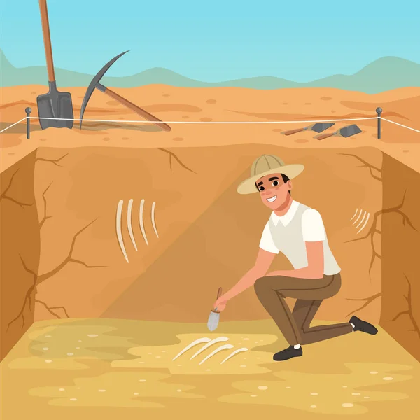 男は正方形ピットに座っていると、スケルトンの骨からの汚れを掃除します。古代の埋葬の発掘調査。考古学的なツールです。空と砂漠の背景。フラット ベクター デザイン — ストックベクタ