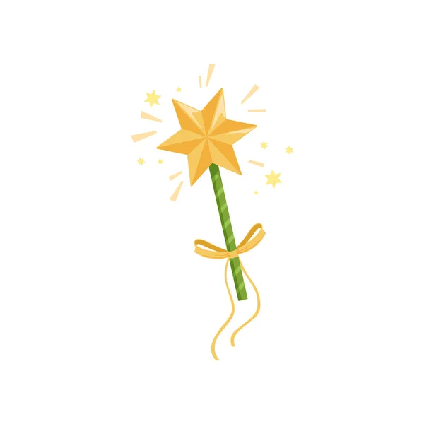 Icono colorido de varita de hadas con gran estrella dorada y lazo amarillo. Palo mágico extendiendo luces brillantes. Concepto de brujería. Dibujos animados plano vector de diseño — Vector de stock