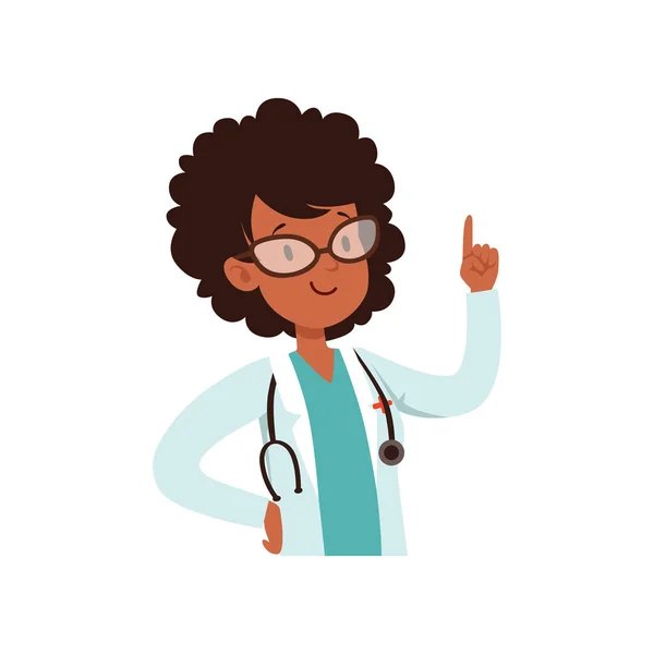 Personagem médico bonito, menina americana africana no traje do vetor médico Ilustração —  Vetores de Stock