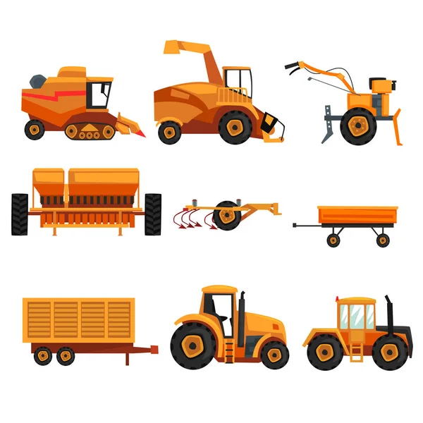 Conjunto con diferentes maquinaria pesada utilizada en la industria agrícola. Vehículo agrícola. Tractor, remolque, rastreador, cosechadora, equipo de arado. Diseño de vector plano — Archivo Imágenes Vectoriales