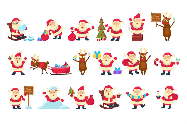 Ensemble avec le Père Noël drôle dans différentes poses. Joyeux Noël et bonne année. Renne, sac avec cadeaux, lettres pour enfants, arbre, neige. Vecteur plat pour carte de vœux — Image vectorielle