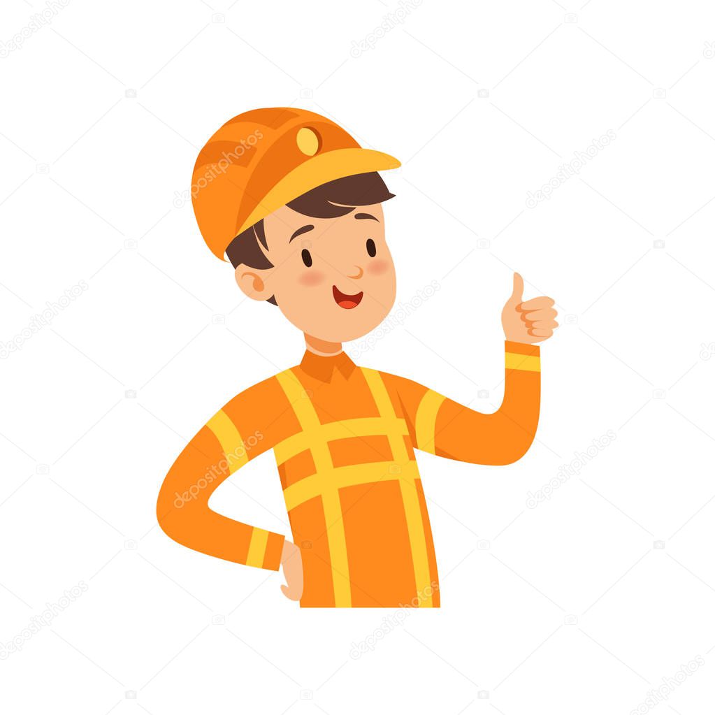 Cute firefighter character, boy in the costume of fireman vector Illustration