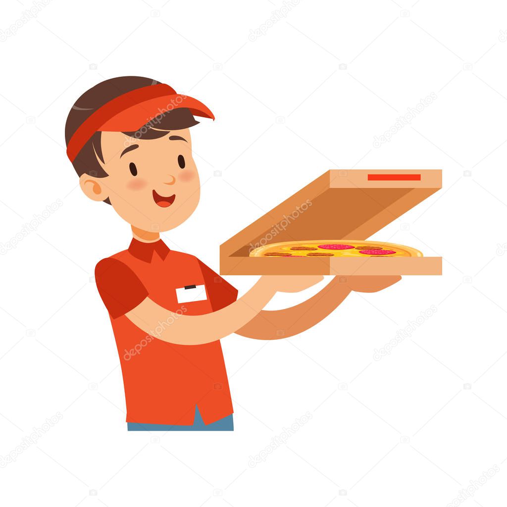Pizza delivery boy character with box, boy in red uniform vector Illustration on a white background