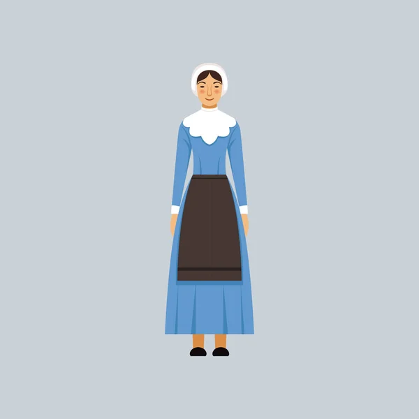 Mennonita vagy amich nő a hagyományos kék ruha, reprezentatív vallási vallomás vektor illusztráció — Stock Vector