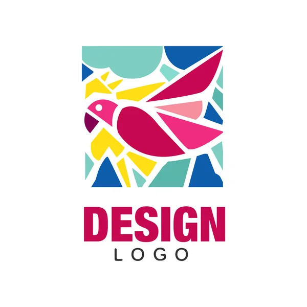 Design de logotipo criativo com papagaio de pássaro tropical rosa. Ícone abstrato em forma retangular. Desenho vetorial colorido para cartão de visita, cartaz ambiental ou impressão — Vetor de Stock