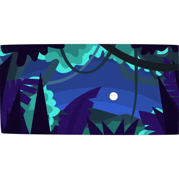 木のシルエットと月、美しい熱帯森林の背景に夜のベクトル図で熱帯のジャングル — ストックベクタ