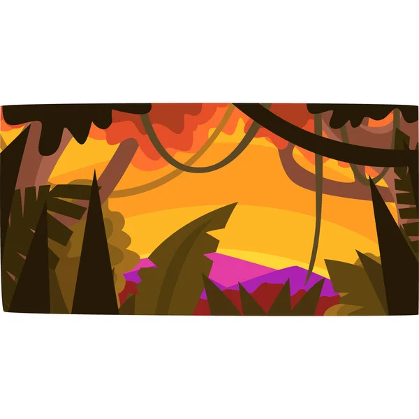 Sunset in tropical jungle, greenwood background with leaves, bushes and trees, tropical rainforest scenery vector illustration — Stock Vector