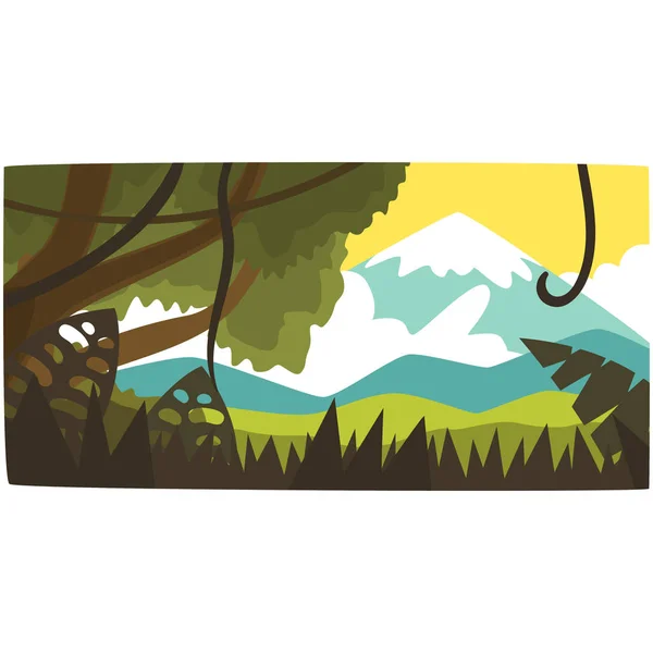 Tropical jungle and mountain background, tropical rainforest scenery in a day time vector illustration — Stock Vector