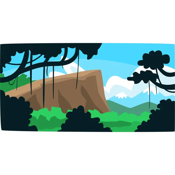 Tropical jungle, greenwood background with leaves, bushes and trees, tropical rainforest scenery in a vector illustration — Stock Vector