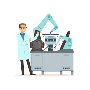 Erkek bilim adamı ve robotik kol modern bir laboratuvar, yapay zeka kavramı vektör çizim deneyler