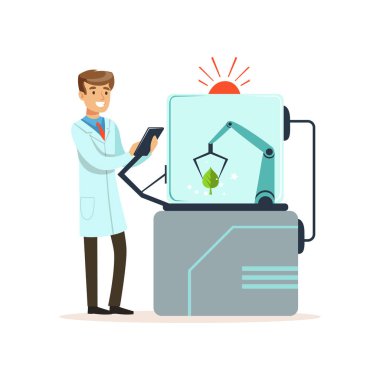 Erkek bilim adamı ve robotik kol modern bir laboratuvar, robot kol ile ağaç yaprak, yapay zeka kavramı vektör çizim çalışma deneyler