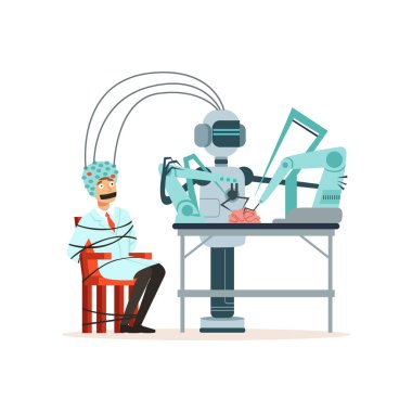 Beyin araştırmaları, yapay zeka kavramı vektör çizim için bir kask içinde oturan ip ile bir laboratuvar dostum deney robot bağladı