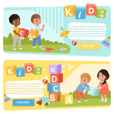 İki afiş ile renkli Abc küpleri ile okul öncesi çocuklar. Konuşma terapisi. Oynak öğrenme. Çocuk gelişim merkezi veya anaokulu web sitesi için düz vektör tasarımı
