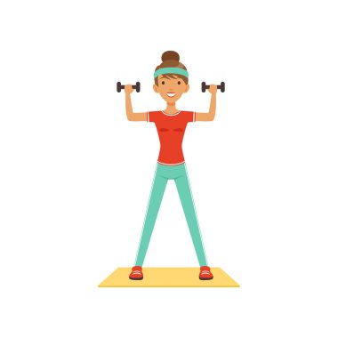 Sportif genç kadın karakter dumbbells ile egzersiz fitness kulüp ya da spor salonu renkli vektör çizim çalışma dışarı kız