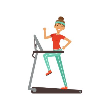 Kız fitness kulüp ya da spor salonu renkli vektör çizim çalışma dışarı iplik fabrikası üzerinde çalışan genç kadın karakter