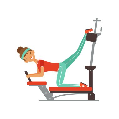Sportif genç kadın karakter eğitmen spor salonu makinede egzersiz fitness kulüp ya da spor salonu renkli vektör çizim çalışma dışarı kız