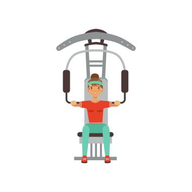 Sportif genç kadın karakter kaslar eğitmen spor salonu makinede esneme, kız fitness kulüp veya spor salonu renkli çalışma dışarı illüstrasyon vektör