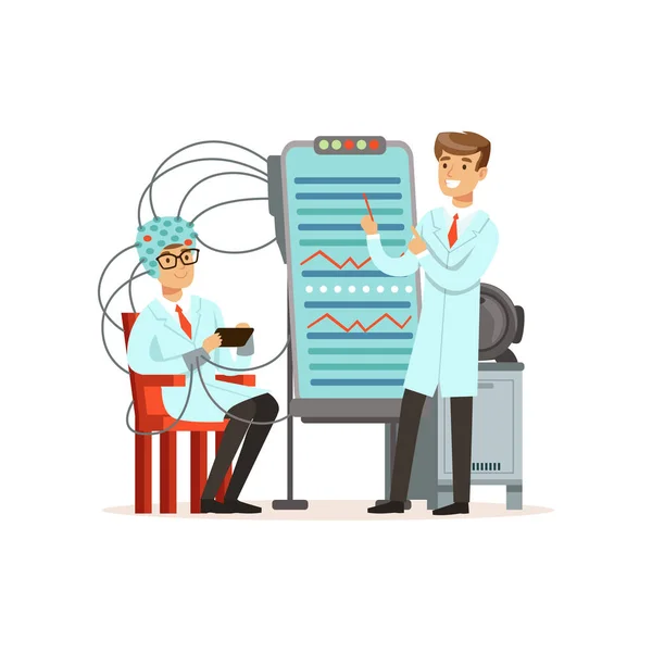 Männliche Wissenschaftler Durchführung von Experimenten in einem modernen Labor, Elektroenzephalographie, Mann mit Helm zur Illustration der Hirnforschung Vektor — Stockvektor