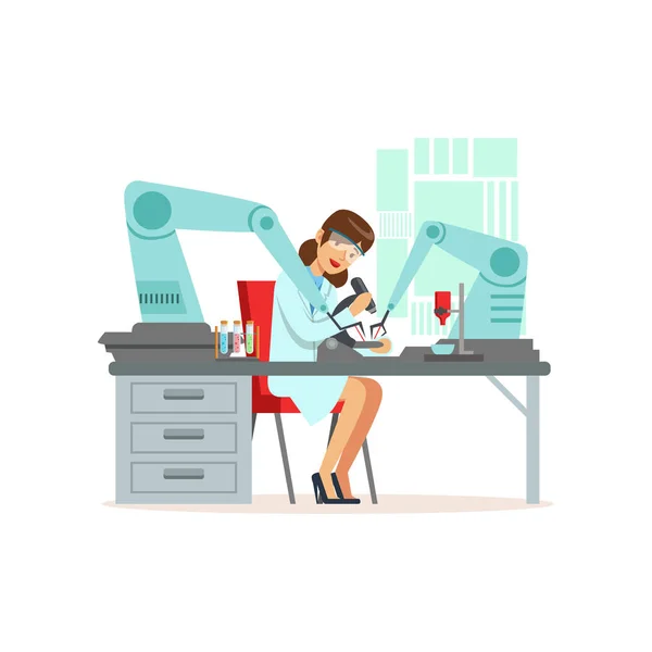 Female scientist and robotic arm conducting experiments in a modern laboratory, artificial intelligence concept vector illustration — Stock Vector