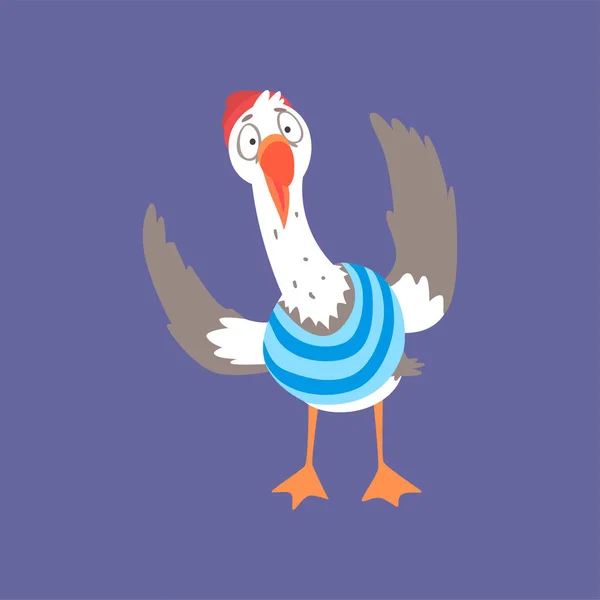 Grappige triest seagull, schattige komische vogel karakter cartoon vectorillustratie — Stockvector