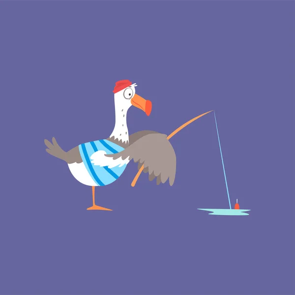 Pesca gaivota engraçada, bonito personagem de pássaro cômico desenho animado ilustração vetorial — Vetor de Stock