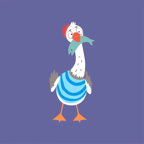 Αστεία Γλάρος κυνήγι κάτω από ψάρια, χαριτωμένο πουλί κωμικό χαρακτήρα καρτούν εικονογράφηση φορέα — Διανυσματικό Αρχείο