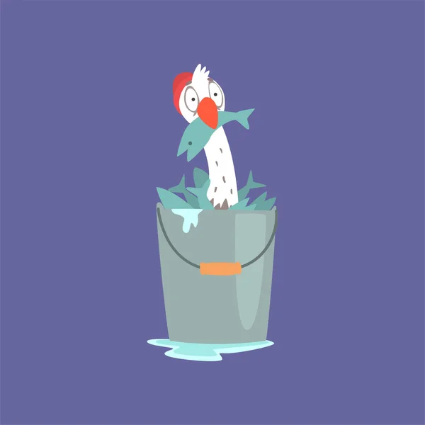 Divertida gaviota sentada dentro de un cubo lleno de peces, lindo pájaro cómico personaje de dibujos animados vector ilustración — Archivo Imágenes Vectoriales