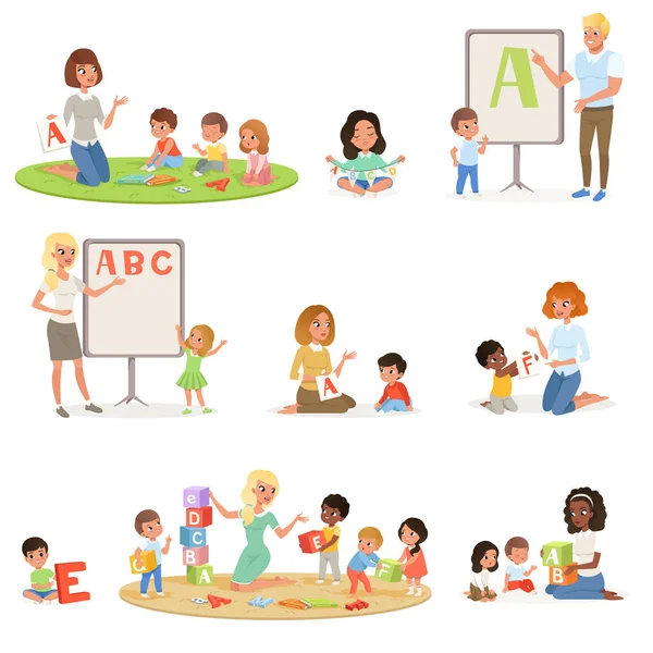 Set of children doing speech therapy with teachers. Child development center. Kids alphabet letters through play. Educational game. Isolated flat vector design — Stock Vector