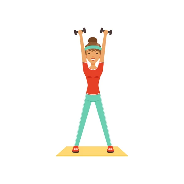年轻女性字符锻炼与哑铃, 女孩在健身俱乐部或健身房的工作丰富多彩的矢量插图 — 图库矢量图片