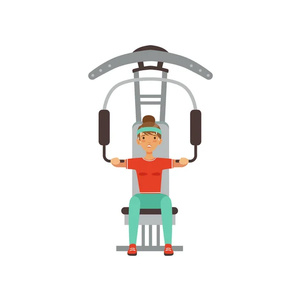 Sportiga ung kvinna karaktär böjning muskler på trainer gym maskin, flicka arbetande ute i gym eller på gymmet färgglada vektor Illustration — Stock vektor